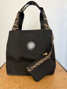 Vintage Fendi Roma Black Nylon Tote Bag With Matching Pouch